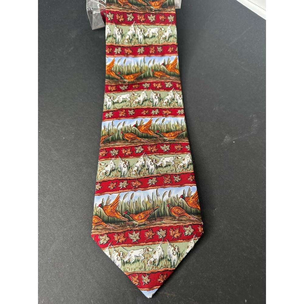 ALYNN Pheasants And Pointers Silk Neck Tie Red Hunting Bird Motif Mens Long Wide